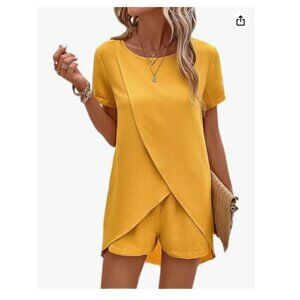 Womens Tulip Hem Blouse Top tunic faux wrap Sz 2XL textured mustard-yellow EUC